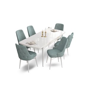 Taç Serisi Açılabilir Mdf Mutfak Masası Takımı 80x132 Beyaz Masa 6 Su Yeşili Sandalye