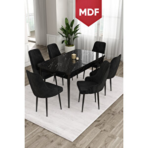 Ram Serisi, 80x132 Mdf Açılabilir Yemek Odası Takımı, Siyah Mermer Desen Masa 6 Siyah Sandalye