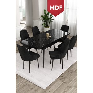 Ram Serisi, 80x132 Mdf Açılabilir Yemek Odası Takımı, Siyah Mermer Desen Masa 6 Siyah Sandalye