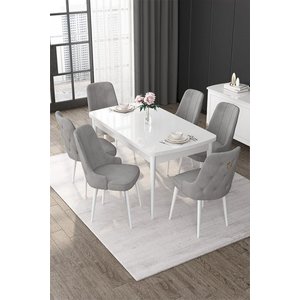 Nex Serisi Beyaz 80x132 Açılabilir Mdf Metal Iskeletli Masa Takımı 6 Gri Sandalye Gold Halkalı