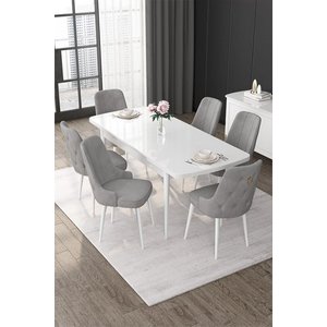 Nex Serisi Beyaz 80x132 Açılabilir Mdf Metal Iskeletli Masa Takımı 6 Gri Sandalye Gold Halkalı