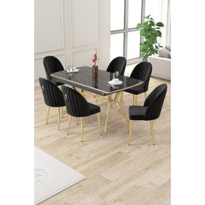 Sim Serisi 89x150 Açılabilir Lak Panel Siyah Mermer Gold Ayak Masa Takımı Ve 6 Siyah Sandalye