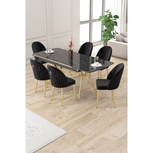 Sim Serisi 89x150 Açılabilir Lak Panel Siyah Mermer Gold Ayak Masa Takımı Ve 6 Siyah Sandalye