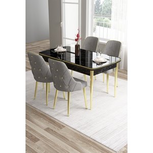 Tia Serisi, Siyah Mermer Desen 80x132 Açılabilir Mdf Yemek Odası Takımı 4 Gri Sandalye Gold Detay