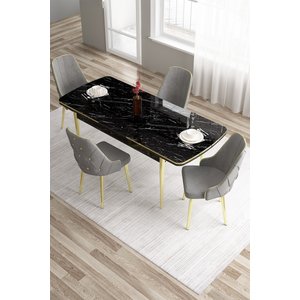 Tia Serisi, Siyah Mermer Desen 80x132 Açılabilir Mdf Yemek Odası Takımı 4 Gri Sandalye Gold Detay