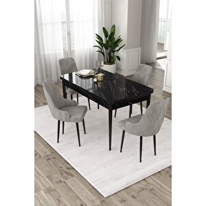 Eta Serisi,siyah Mermer Desen Açılabilir 80x132 Mdf Mutfak Masa Takımı,4 Gri Sandalye