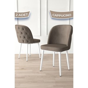 Kage Serisi 2 Adet Cappucino Mutfak Sandalyesi Kapitoneli Beyaz Metal Ayak 1. Sınıf Babyface Kumaş