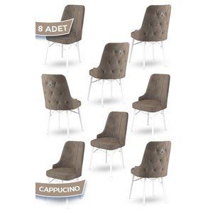 Pare Serisi, 8 Adet Cappucino Sandalye 1.sınıf Babyface Kumaş, Beyaz Gürgen Ayak, Gümüş Halkalı