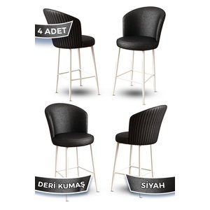 Uras Serisi 4 Adet Siyah Deri Bar Sandalyesi Deri Ada Mutfak Sandalyesi Beyaz Metal Ayaklı