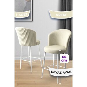 Alte Serisi 1 Adet 65 Cm Krem Ada Mutfak Bar Sandalyesi Babyface Kumaş Beyaz Metal Ayaklı
