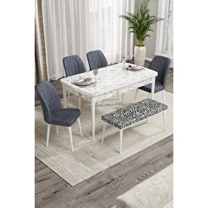 Rio Serisi Bench'li Beyaz Mermer Desenli Mdf Mutfak Masası 4 Pembe Sandalye