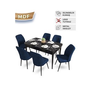 Mun Serisi 80x132 Açılabilir Mdf Siyah Mermer Desen Masa Takımı 6 Lacivert Sandalye