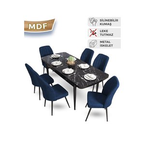 Mun Serisi 80x132 Açılabilir Mdf Siyah Mermer Desen Masa Takımı 6 Lacivert Sandalye