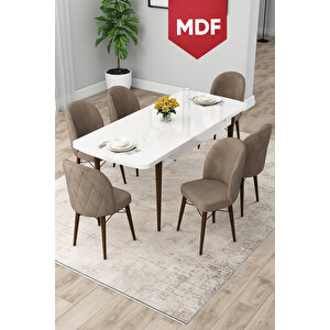 Rut Serisi Açılabilir Mdf 80x132 Beyaz Masa Ceviz Ayak Yemek Odası Takımı Ve 6 Cappucino Sandalye