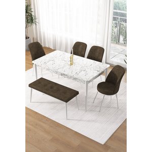 Pir Serisi 80x130 Sabit Beyaz Mermer Desen Mutfak Masa Takımı 4 Kahve Sandalye Ve 1 Bench