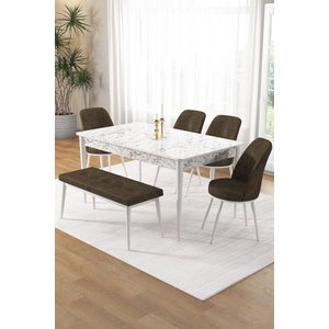 Pir Serisi 80x130 Sabit Beyaz Mermer Desen Mutfak Masa Takımı 4 Kahve Sandalye Ve 1 Bench
