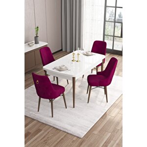 Are Serisi 80x132 Mdf Açılabilir Beyaz Masa Ceviz Ayak Masa Takımı 4 Mürdüm Sandalye