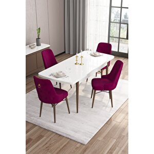 Are Serisi 80x132 Mdf Açılabilir Beyaz Masa Ceviz Ayak Masa Takımı 4 Mürdüm Sandalye