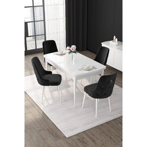 Nex Serisi 80x132 Açılabilir Mdf Beyaz Mutfak Masası Takımı Gümüş Detay 4 Siyah Sandalye