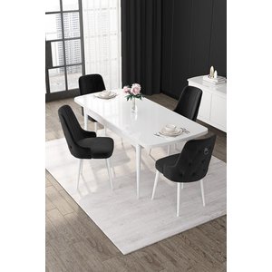 Nex Serisi 80x132 Açılabilir Mdf Beyaz Mutfak Masası Takımı Gümüş Detay 4 Siyah Sandalye
