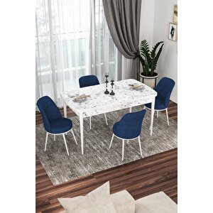 Kor Serisi 70x114 Açılabilir Mutfak Masası Takımı Beyaz Mermer Desen Masa 4 Lacivert Sandalye
