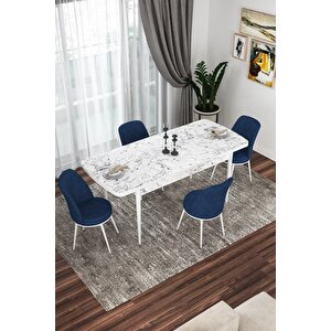 Kor Serisi 70x114 Açılabilir Mutfak Masası Takımı Beyaz Mermer Desen Masa 4 Lacivert Sandalye
