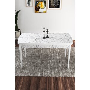 Kor Serisi 70x114 Açılabilir Mutfak Masası Takımı Beyaz Mermer Desen Masa 4 Lacivert Sandalye
