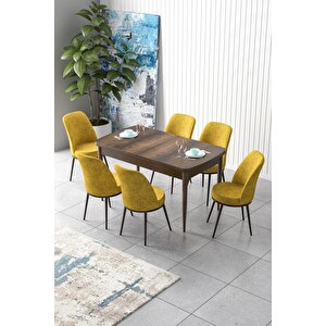 Zen Serisi 80x132 Mdf Açılabilir Barok Ahşap Desen Masa Takımı Ve 6 Hardal Sandalye