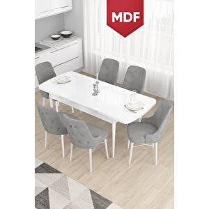 Taç Serisi Açılabilir Mdf Mutfak Masası Takımı 80x132 Beyaz Masa 6 Gri Sandalye