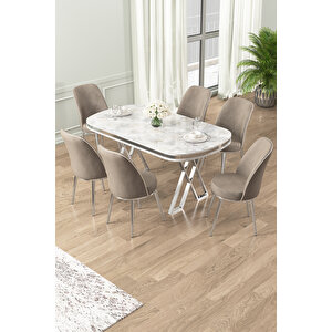 Lai Serisi 90x168 Lak Panel Beyaz Mermer Desen Krom Ayak Masa Takımı 6 Cappucino Sandalye