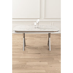 Lai Serisi 90x168 Lak Panel Beyaz Mermer Desen Krom Ayak Masa Takımı 6 Cappucino Sandalye