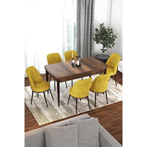 Kor Serisi 70x114 Açılabilir Mutfak Masası Takımı Barok Desen Masa 6 Hardal Sandalye