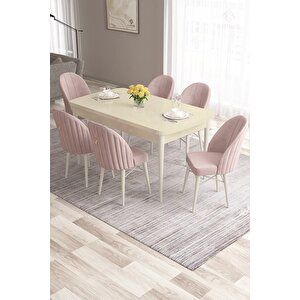 Roz Serisi 80x132 Mdf Açılabilir Krem Masa Takımı Ve Gold Halkalı 6 Su Yeşili Sandalye