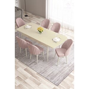 Roz Serisi 80x132 Mdf Açılabilir Krem Masa Takımı Ve Gold Halkalı 6 Su Yeşili Sandalye