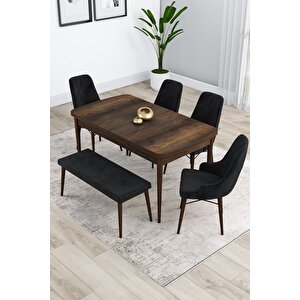 Kar Serisi, 80x132 Açılabilir Mdf Masa Takımı, Barok Ahşap Desen Masa 4 Siyah Sandalye 1 Bench