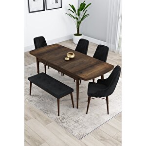 Kar Serisi, 80x132 Açılabilir Mdf Masa Takımı, Barok Ahşap Desen Masa 4 Siyah Sandalye 1 Bench