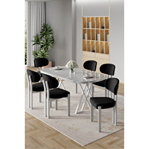 Radon Serisi Mdf 90x168 Sabit Beyaz Mutfak Masası Takımı 6 Siyah Sandalye