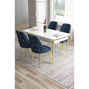 Tia Serisi Mdf 80x132 Açılabilir Beyaz Gold Detay Yemek Masası Takımı Ve 4 Lacivert Sandalye