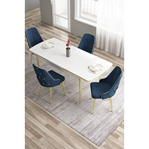 Tia Serisi Mdf 80x132 Açılabilir Beyaz Gold Detay Yemek Masası Takımı Ve 4 Lacivert Sandalye