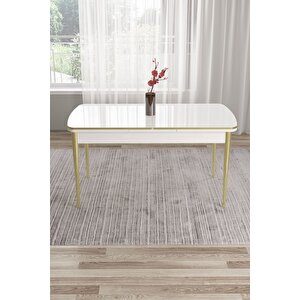 Tia Serisi Mdf 80x132 Açılabilir Beyaz Gold Detay Yemek Masası Takımı Ve 4 Lacivert Sandalye