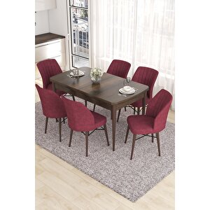Eva Serisi 80x132 Açılabilir Mdf Mutfak Masası Takımı Barok Desen Masa 6 Bordo Sandalye