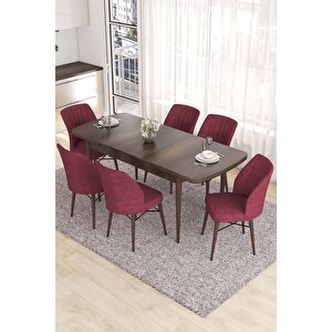 Eva Serisi 80x132 Açılabilir Mdf Mutfak Masası Takımı Barok Desen Masa 6 Bordo Sandalye