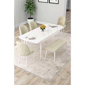 Rut Serisi Açılabilir 80x132 Beyaz Yemek Odası Takımı 4 Sandalye 1 Bench