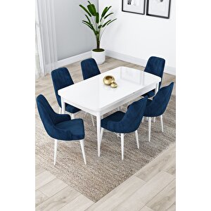 Lia Serisi 80x132 Açılabilir Mutfak Masası Takımı Beyaz Masa 6 Lacivert Sandalye