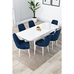 Lia Serisi 80x132 Açılabilir Mutfak Masası Takımı Beyaz Masa 6 Lacivert Sandalye