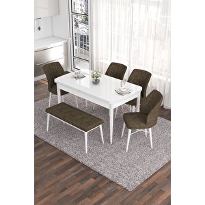 Eva Serisi 80x132 Açılabilir Mdf Mutfak Masası Takımı Beyaz Masa 4 Haki Yeşil Sandalye 1 Bench