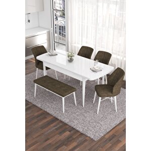 Eva Serisi 80x132 Açılabilir Mdf Mutfak Masası Takımı Beyaz Masa 4 Haki Yeşil Sandalye 1 Bench
