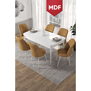 Kor Serisi, Beyaz Açılabilir 70x114 Mdf Yemek Masa Takımı 6 Cappucino Sandalye