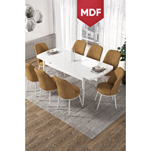 Kor Serisi, Beyaz Açılabilir 70x114 Mdf Yemek Masa Takımı 6 Cappucino Sandalye