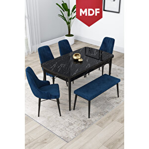 Lia Serisi 80x132 Mdf Açılabilir Mutfak Masası Takımı Siyah Mermer Masa 4 Lacivert Sandalye 1 Bench